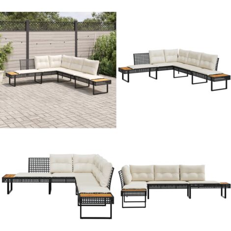 Divano da Giardino con Cuscini a L Nero in Polyrattan e Acacia - Divano a forma di L - Cuscini da seduta