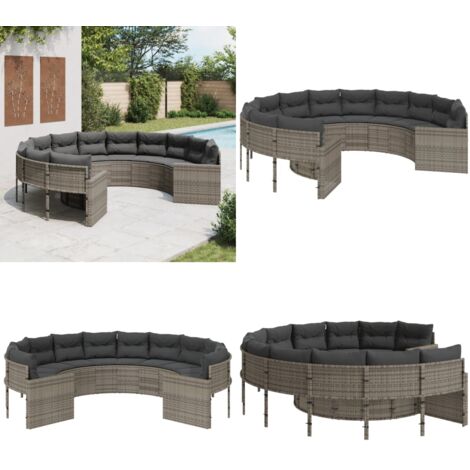 Divano da Giardino con Cuscini Circolare Grigio in Polyrattan - Cuscini per divano - Rattan PE