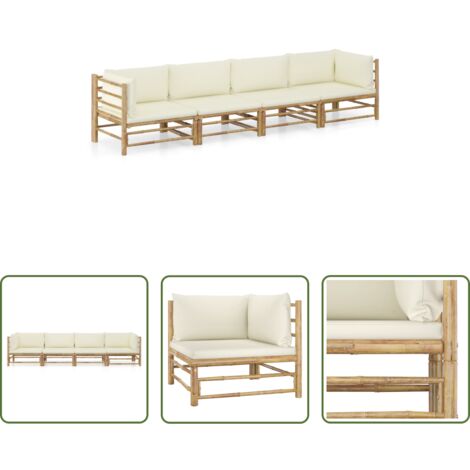 Divano da giardino con cuscini -  Set Divani da Giardino 4 pz con Cuscini Bianco Crema in Bambù