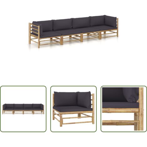 Divano da giardino con cuscini -  Set Divani da Giardino 4 pz con Cuscini Grigio Scuro in Bambù