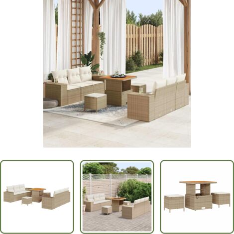 Divano da giardino con cuscino -  Set Divano da Giardino con cuscino 9 pcs Beige e Crema