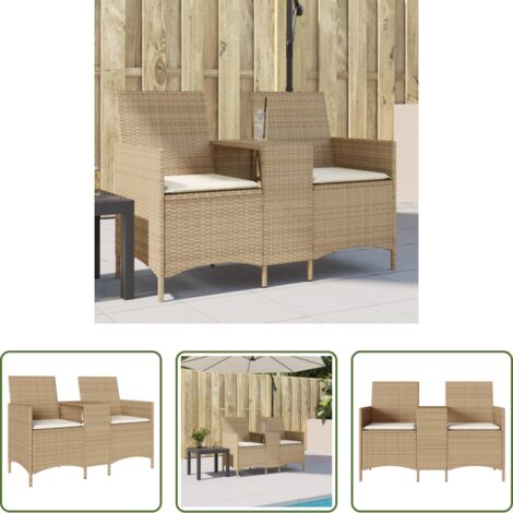Divano da giardino con tavolino -  Divano Giardino 2 Posti con Tavolo e Cuscini Beige Polyrattan