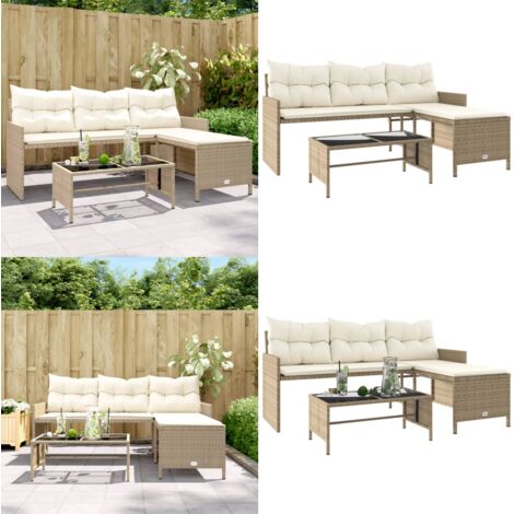 Divano da Giardino con Tavolo e Cuscini a L Beige in Polyrattan - Tavolino da giardino - Cuscini da giardino