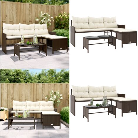 Divano da Giardino con Tavolo e Cuscini a L Marrone Polyrattan - Tavolino da giardino - Cuscini da giardino