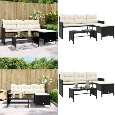 Divano da Giardino con Tavolo e Cuscini a L Nero in Polyrattan - Tavolino da giardino - Cuscini da esterno