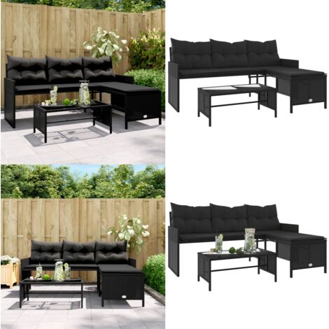 Divano da Giardino con Tavolo e Cuscini a L Nero in Polyrattan - Tavolino da giardino - Cuscini per divano