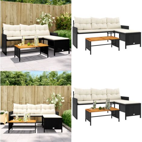 Divano da Giardino con Tavolo e Cuscini a L Nero in Polyrattan - Tavolino da giardino - Cuscini per divano