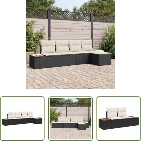 Divano da giardino in polyrattan -  Set Divano da Giardino 6 pcs Nero e Crema Polyrattan