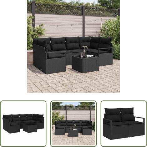 Divano da giardino nero -  Set Divano da Giardino 7 pcs Nero Polyrattan, Acciaio e Vetro