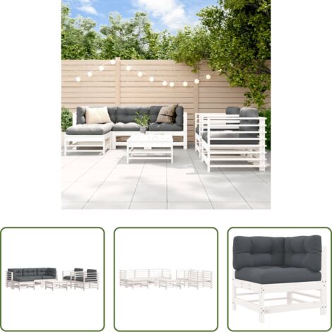 Divano da giardino -  Set Divani da Giardino 7pz con Cuscini in Legno Massello Bianco