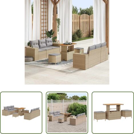Divano da giardino -  Set Divano da Giardino 9 pcs Beige Poly Rattan