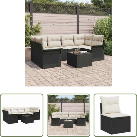 Divano da giardino -  Set Divano da Giardino con cuscino 7 pcs Nero e Crema