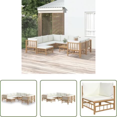Divano da giardino -  Set Salotto da Giardino 10pz con Cuscini Bianco Crema in Bambù