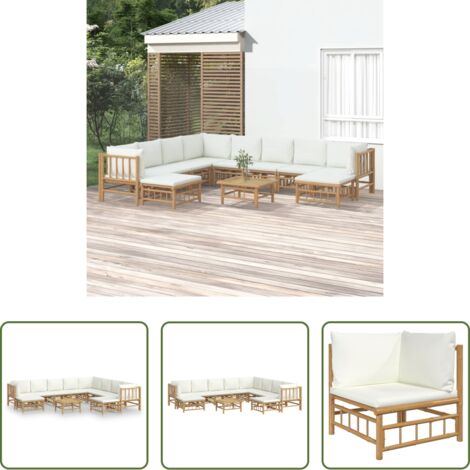 Divano da giardino -  Set Salotto da Giardino 11pz con Cuscini Bianco Crema in Bambù