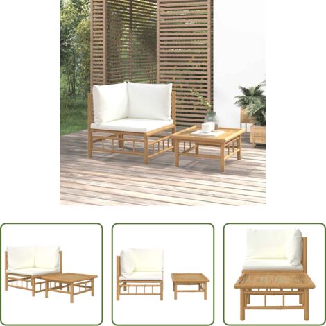 Divano da giardino -  Set Salotto da Giardino 2pz con Cuscini Bianco Crema in Bambù