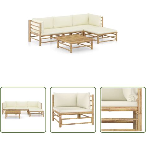 Divano da giardino -  Set Salotto da Giardino 5pz con Cuscini Bianco Crema in Bambù