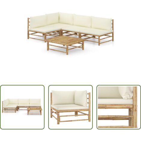 Divano da giardino -  Set Salotto da Giardino 5pz con Cuscini Bianco Crema in Bambù