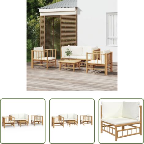 Divano da giardino -  Set Salotto da Giardino 5pz con Cuscini Bianco Crema in Bambù