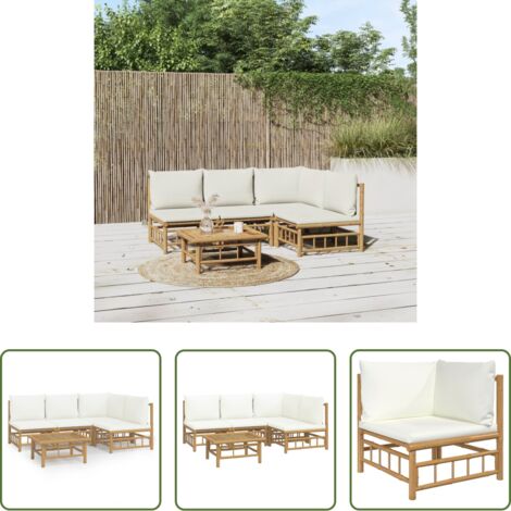 Divano da giardino -  Set Salotto da Giardino 5pz con Cuscini Bianco Crema in Bambù