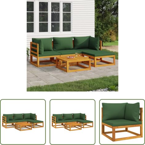 Divano da giardino -  Set Salotto da Giardino 5pz con Cuscini Verdi Legno Massello