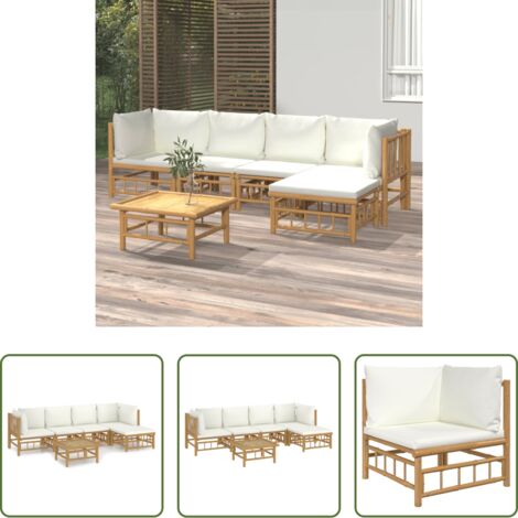 Divano da giardino -  Set Salotto da Giardino 6pz con Cuscini Bianco Crema in Bambù