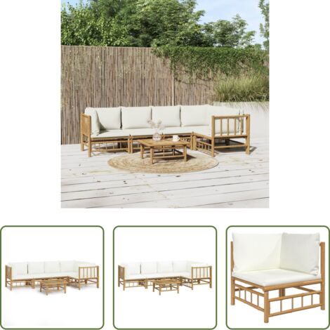 Divano da giardino -  Set Salotto da Giardino 6pz con Cuscini Bianco Crema in Bambù