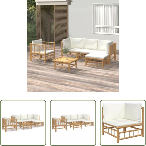 Divano da giardino -  Set Salotto da Giardino 6pz con Cuscini Bianco Crema in Bambù