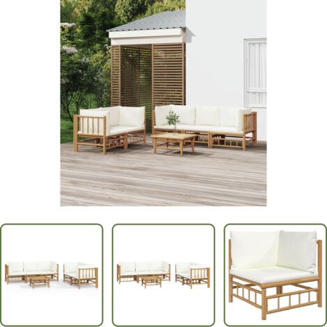 Divano da giardino -  Set Salotto da Giardino 6pz con Cuscini Bianco Crema in Bambù