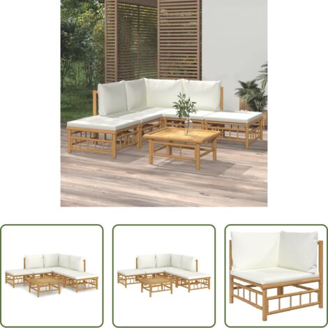 Divano da giardino -  Set Salotto da Giardino 6pz con Cuscini Bianco Crema in Bambù