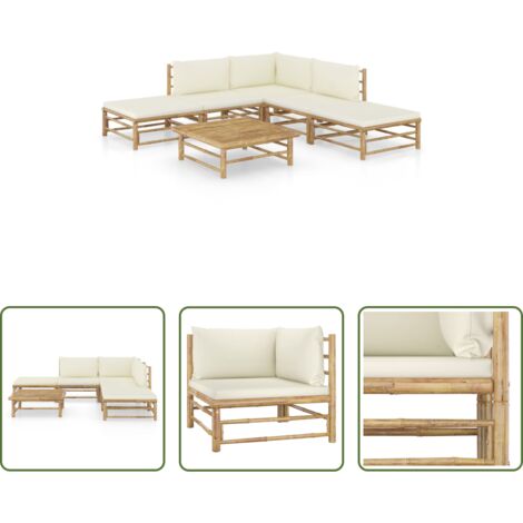 Divano da giardino -  Set Salotto da Giardino 6pz con Cuscini Bianco Crema in Bambù