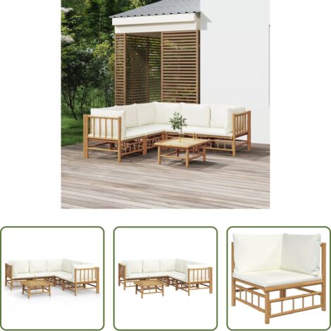 Divano da giardino -  Set Salotto da Giardino 6pz con Cuscini Bianco Crema in Bambù
