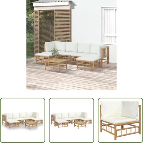 Divano da giardino -  Set Salotto da Giardino 7pz con Cuscini Bianco Crema in Bambù