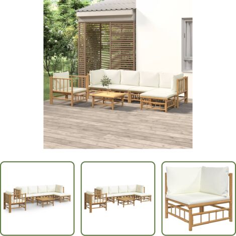 Divano da giardino -  Set Salotto da Giardino 7pz con Cuscini Bianco Crema in Bambù