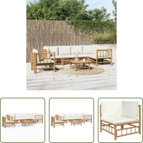 Divano da giardino -  Set Salotto da Giardino 7pz con Cuscini Bianco Crema in Bambù