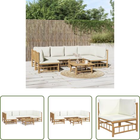 Divano da giardino -  Set Salotto da Giardino 7pz con Cuscini Bianco Crema in Bambù