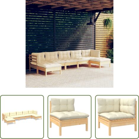 Divano da giardino -  Set Salotto da Giardino 7pz con Cuscini Crema in Legno di Pino