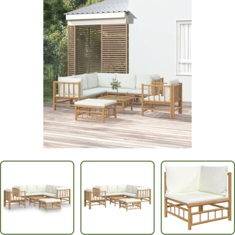 Divano da giardino -  Set Salotto da Giardino 8pz con Cuscini Bianco Crema in Bambù