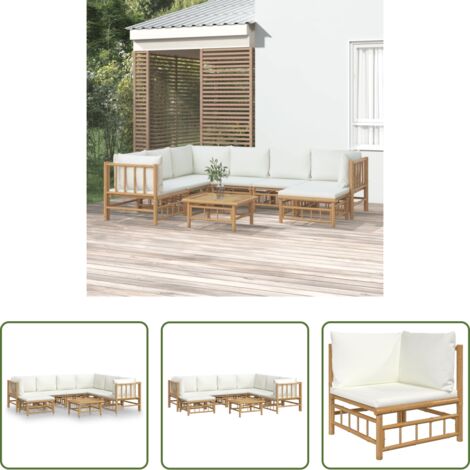 Divano da giardino -  Set Salotto da Giardino 8pz con Cuscini Bianco Crema in Bambù