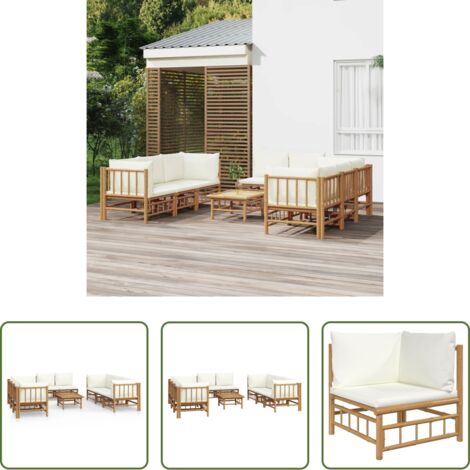 Divano da giardino -  Set Salotto da Giardino 9pz con Cuscini Bianco Crema in Bambù