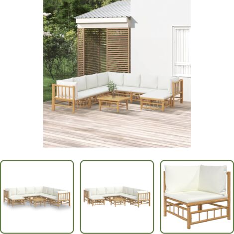 Divano da giardino -  Set Salotto da Giardino 9pz con Cuscini Bianco Crema in Bambù