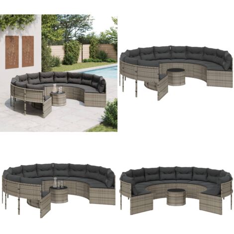 Divano da Giardino Tavolo e Cuscini Circolare Grigio Polyrattan - Tavolino da giardino - Cuscini da giardino