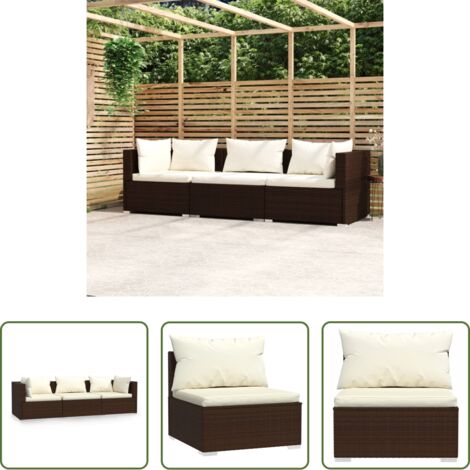 Divano da patio -  Divano a 3 Posti con Cuscini in Polyrattan Marrone