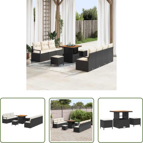 Divano da terrazza -  Set Divano da Giardino con cuscino 10 pcs Nero e Crema