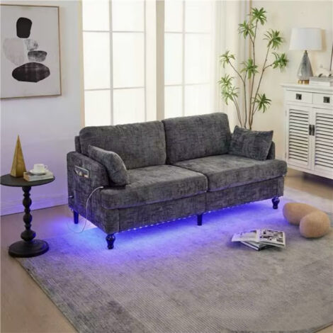 Divano Dritto 2 Posti in Chenille con Porta USB, Illuminazione LED Multicolore, Tasca Laterale e Piedi in Legno, Grigio