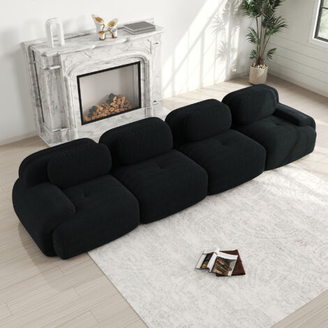 Divano dritto a quattro posti, 32D ad alta elasticità, divano modulare liberamente combinabile, velluto a coste, 388×103×75cm, nero