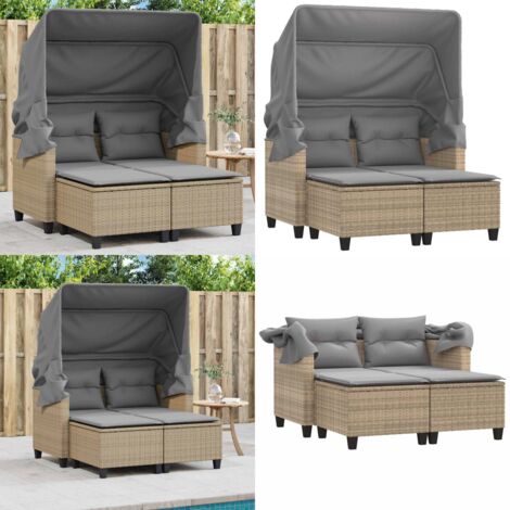 Divano Giardino 2 Posti Baldacchino e Sgabelli Beige Polyrattan - Sgabello da giardino - Baldacchino
