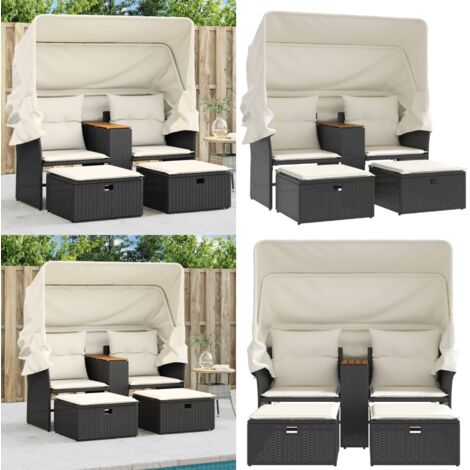 Divano Giardino 2 Posti Baldacchino e Sgabelli Nero Polyrattan - Divano da esterno - Sgabelli da giardino