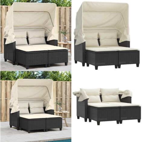 Divano Giardino 2 Posti Baldacchino e Sgabelli Nero Polyrattan - Sgabello da giardino - Baldacchino