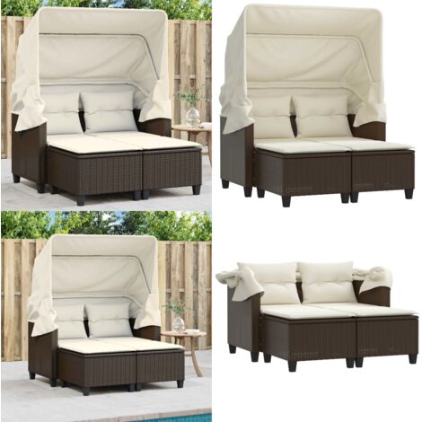 Divano Giardino 2 Posti Baldacchino Sgabelli Marrone Polyrattan - Sgabello da giardino - Baldacchino