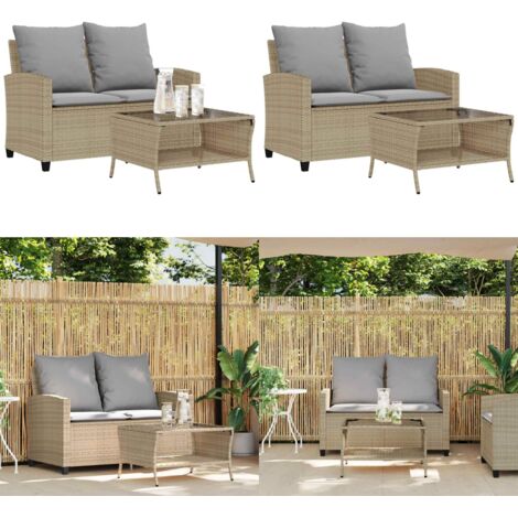 Divano Giardino 2 Posti con Cuscini e Tavolo Beige Polyrattan - Tavolino da giardino - Rattan